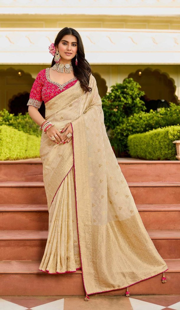 Women Jacquard Work Viscose Tissue Designer Saree Cream - 13488213091