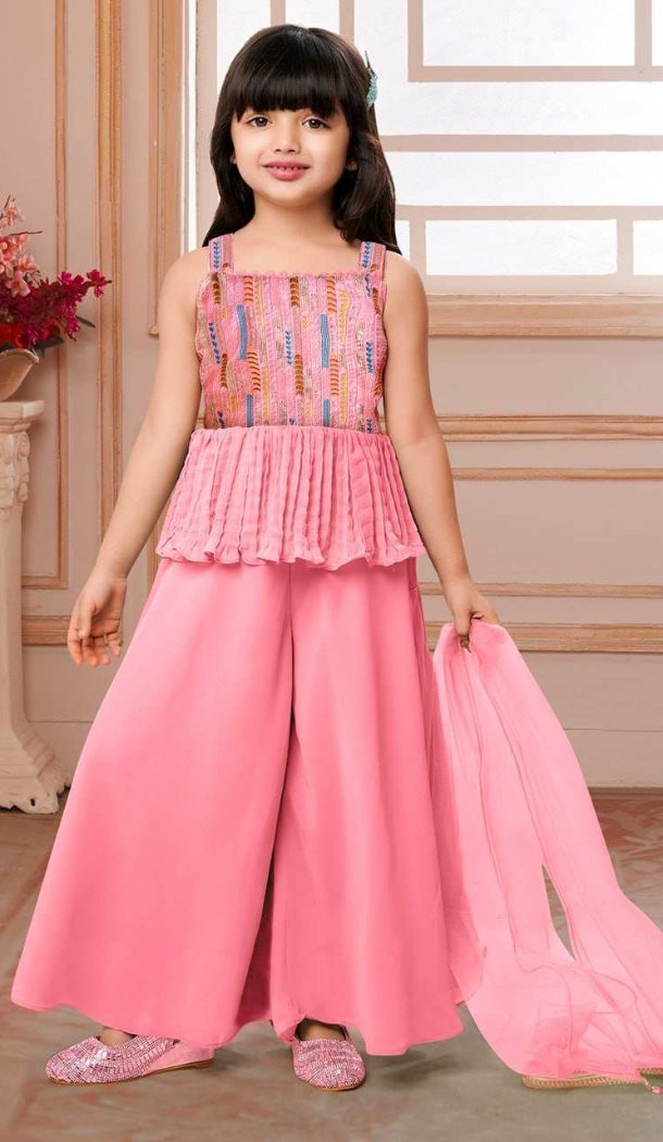 Girls Light Pink Kids Wear Kurta Sharara Embroidered Work Butter Crepe - 13495213113