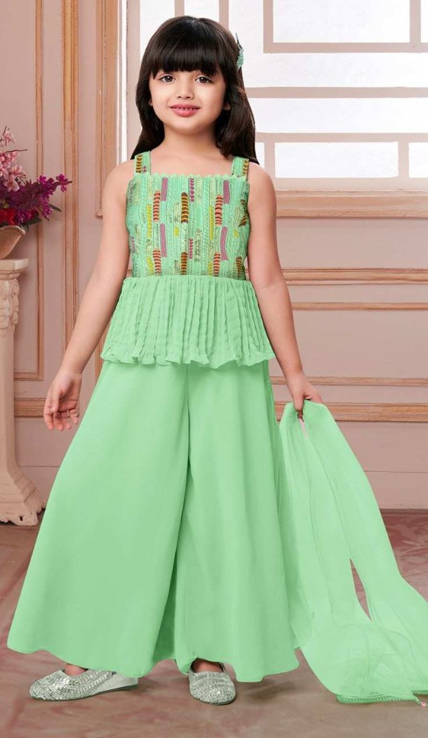 Girls Kids Wear Kurta Sharara Embroidered Work Pista Green Butter Crepe - 13495213114