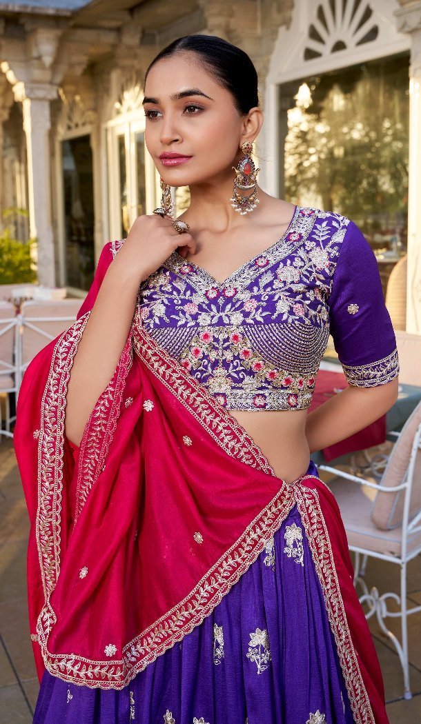 Women Purple Party Wear Lehenga Choli Embroidery Work Vichitra Silk - 13514213167