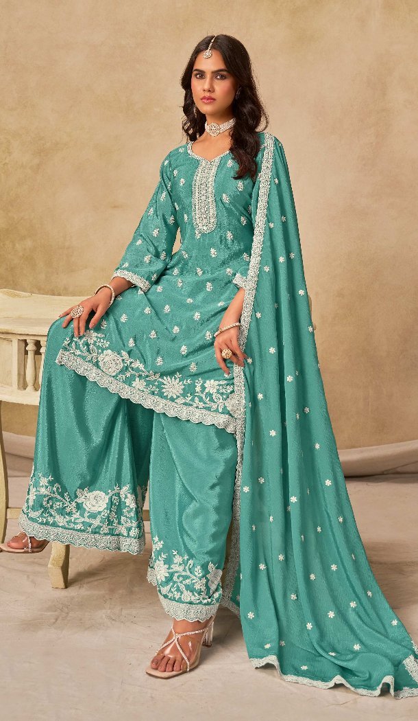 Women Sky Blue Embroidered Work Palazzo Suit Heavy Chinon - 13533213339