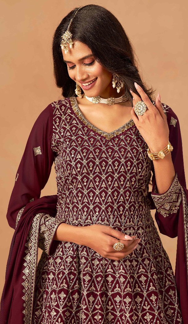 Women Embroidery Work Maroon Faux Georgette Palazzo Suit - 13561213471
