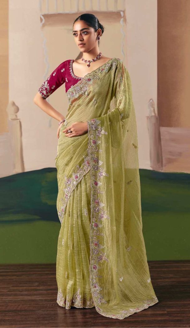 Women Pista Green Saree Plus Size Embroidery Work - 13583213561