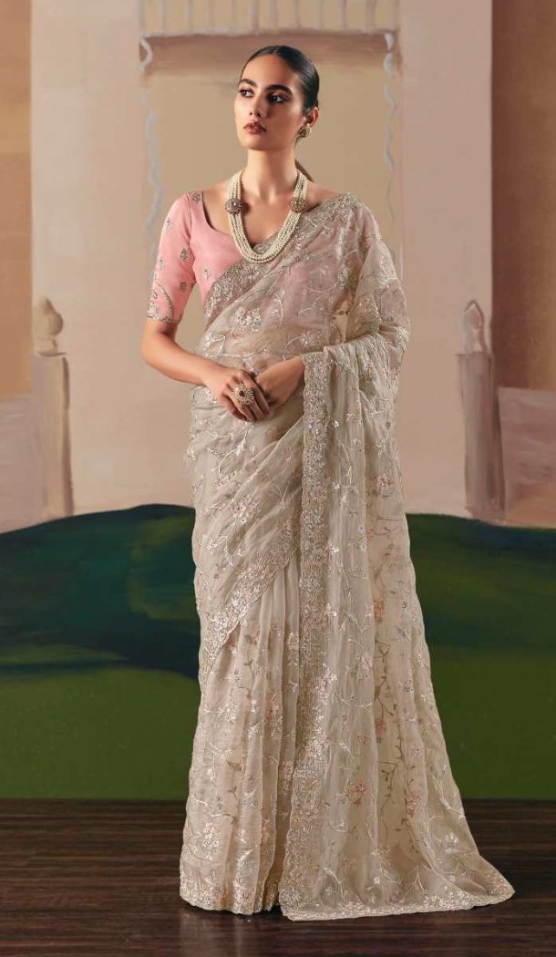 Women Embroidery Stone Work Organza Saree Plus Size - 13583213562