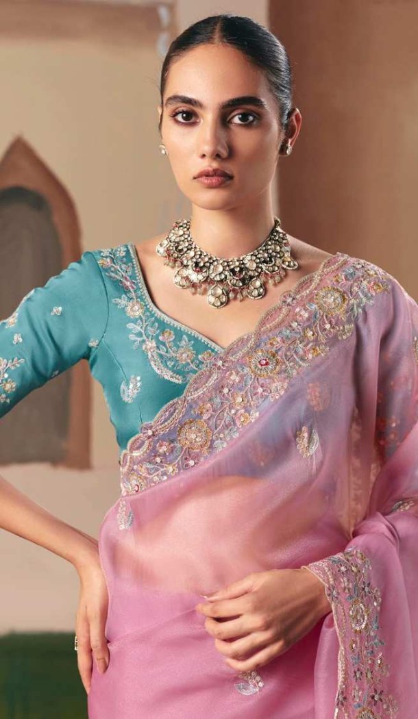 Women Designer Saree Plus Size Organza Pink - 13583213565