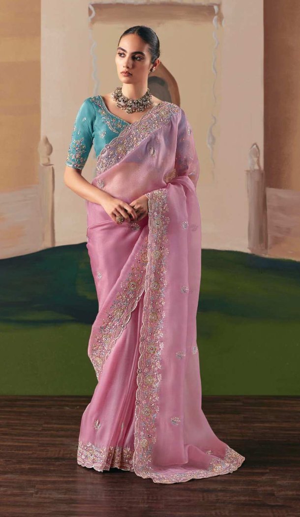 Women Designer Saree Plus Size Organza Pink - 13583213565