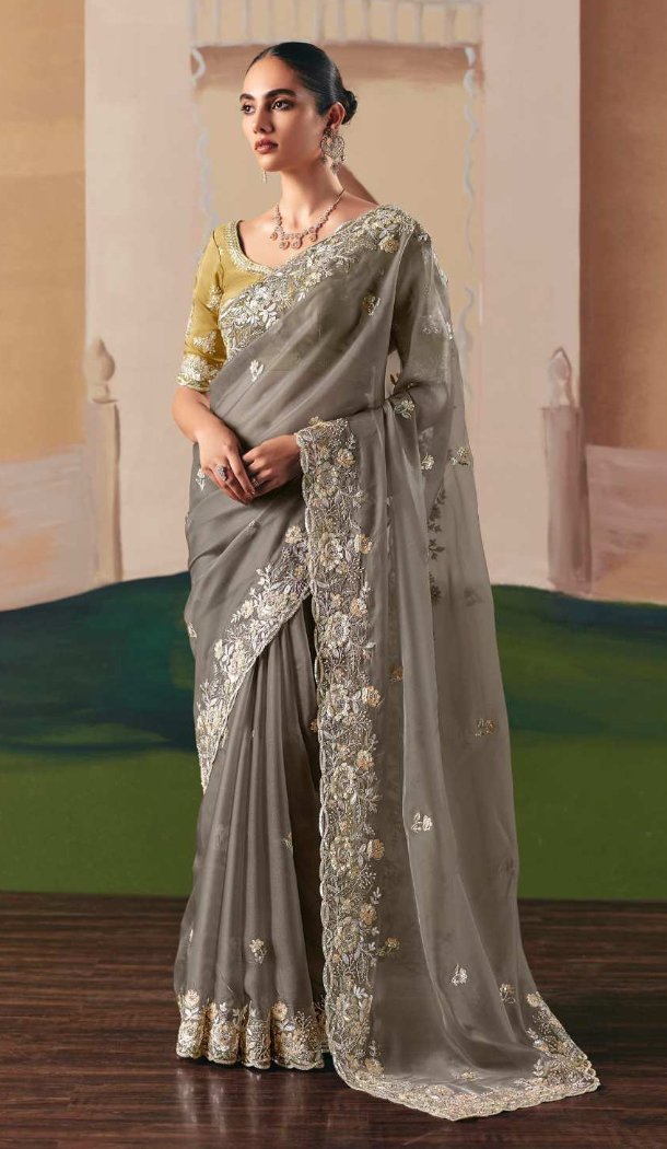 Women Stone Work Designer Saree Plus Size Grey - 13583213567