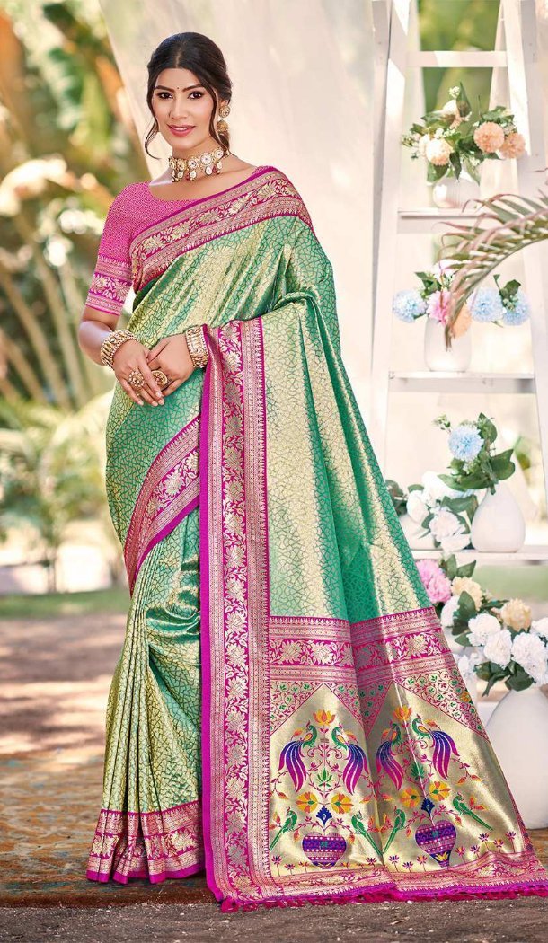 Women Blue Jacquard Work Party Wear Saree Kanjivaram Silk - 13602213645