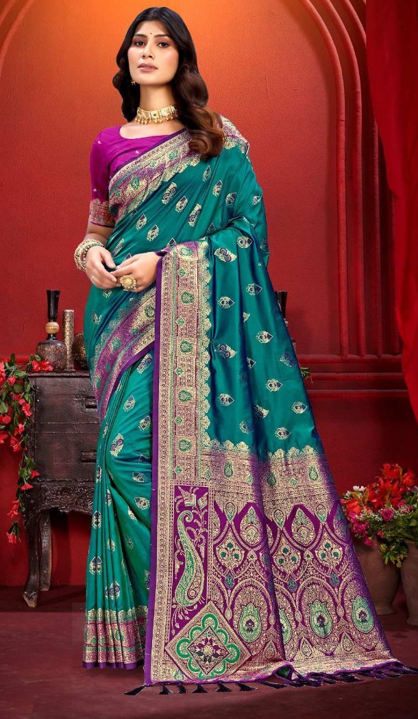 Women Teal Green Silk Traditional Wear Saree Jacquard Work - 13605213661