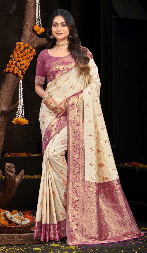 Women Silk Traditional Wear Saree Cream Weaving Work - 13621213732