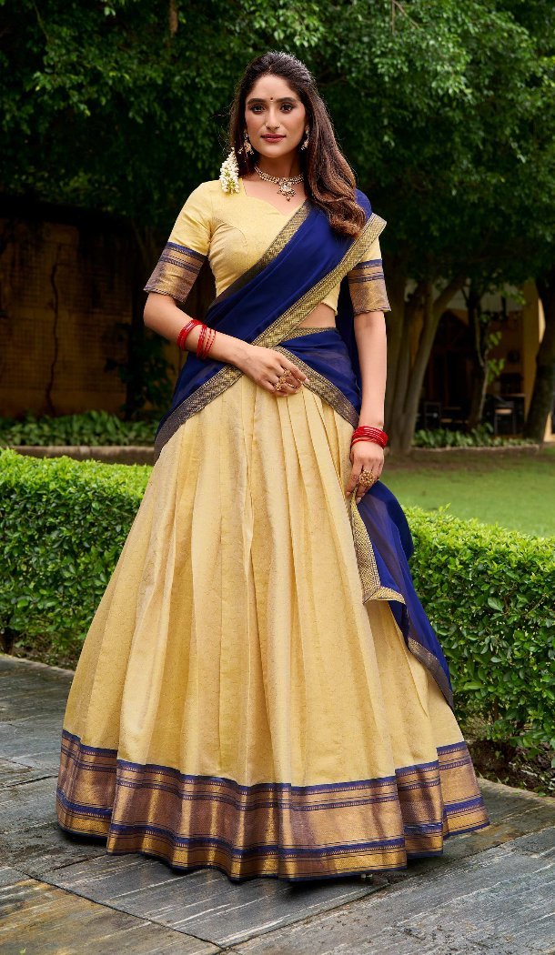Women Kanchipuram Silk Traditional Lehenga Choli Zari Work Cream - 13625213754