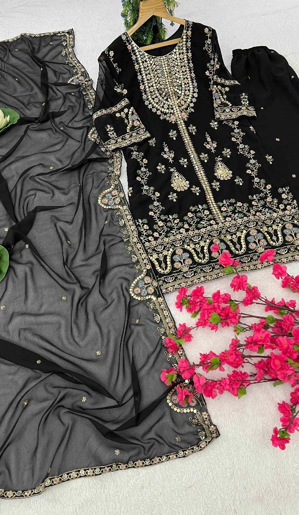 Women Pakistani Suit Georgette Black Sequins Embroidery Work - 13628213760