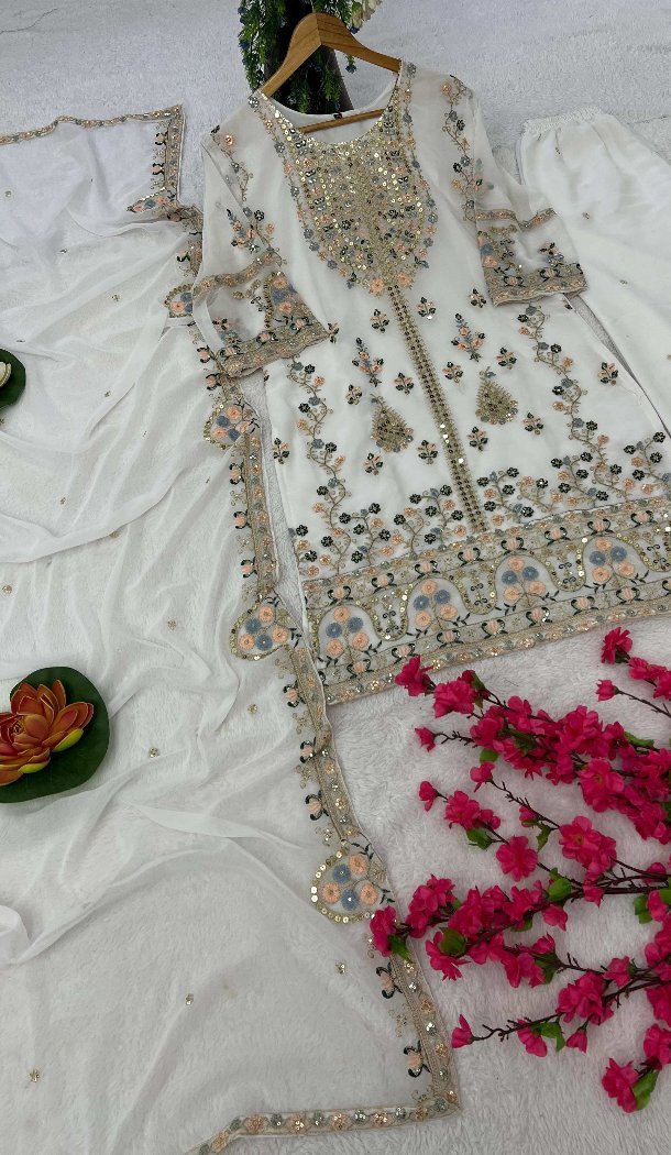 Women White Georgette Pakistani Suit Sequins Embroidery Work - 13628213761