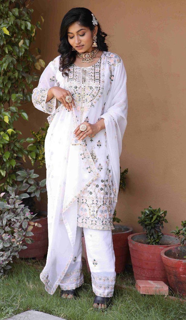 Women White Georgette Pakistani Suit Sequins Embroidery Work - 13628213761
