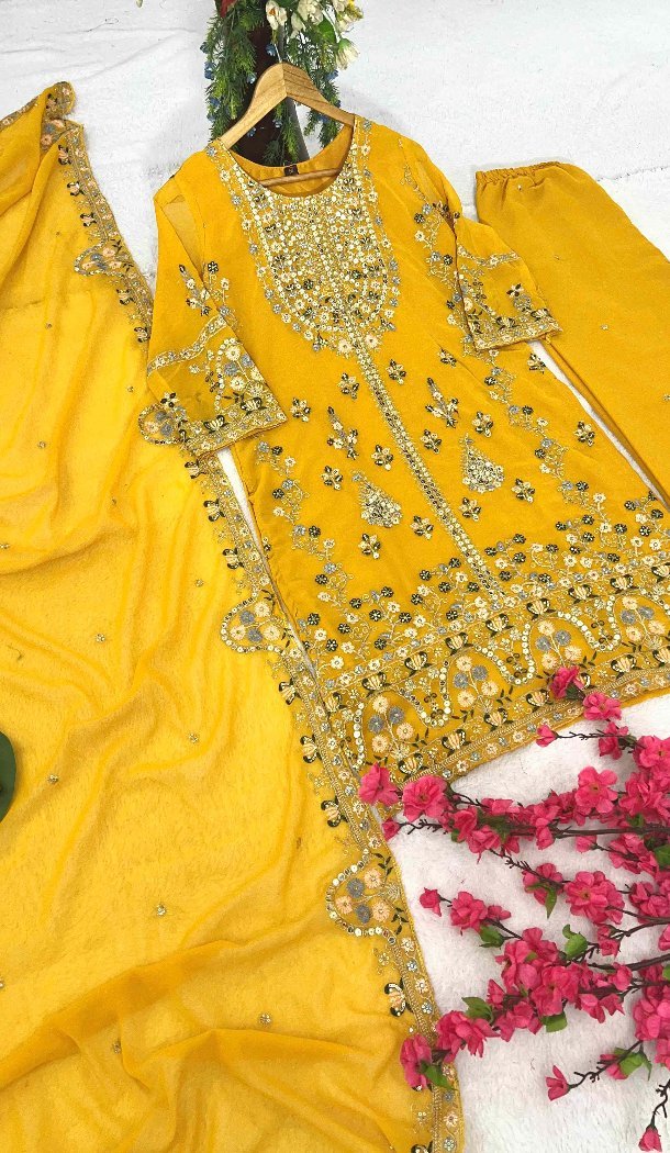 Women Georgette Sequins Embroidery Work Pakistani Suit Yellow - 13628213763