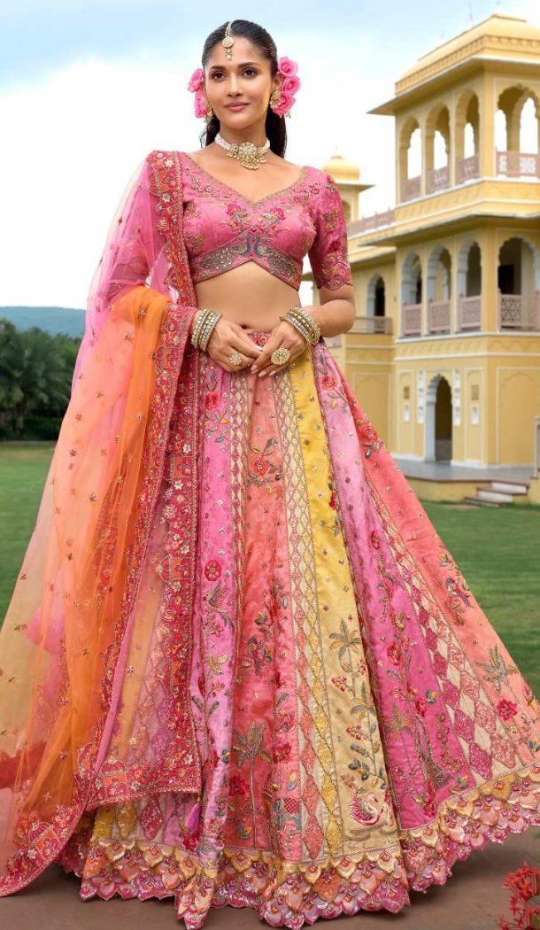 Women Pink Wedding Lehenga Silk Stone Embroidery Work - 13660213920