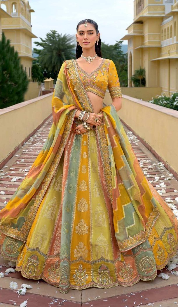 Women Wedding Lehenga Yellow Silk Stone Embroidery Work - 13660213923