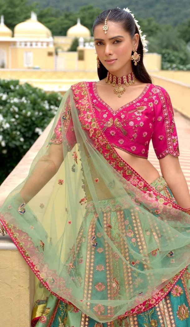 Women Pink Wedding Lehenga Stone Embroidery Work Silk - 13660213925