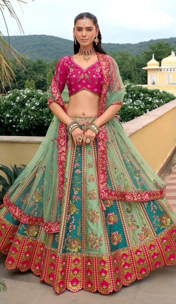 Women Pink Wedding Lehenga Stone Embroidery Work Silk - 13660213925