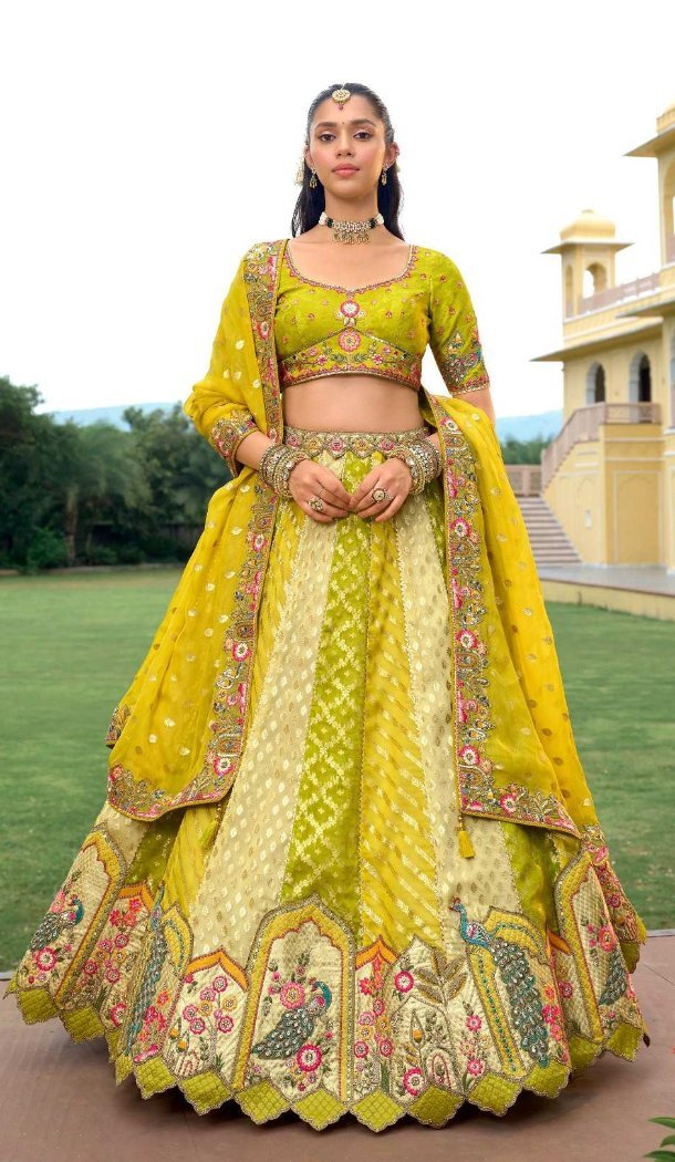 Women Yellow Stone Embroidery Work Silk Wedding Lehenga - 13660213926