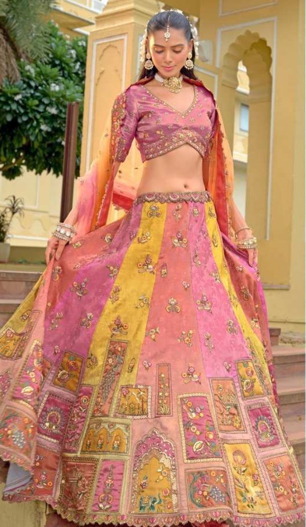 Women Pink Stone Embroidery Work Wedding Lehenga Silk - 13660213927
