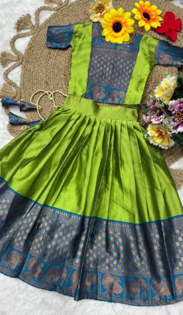 Girls Green & Blue Lichi Silk Lehenga Choli – FH214048