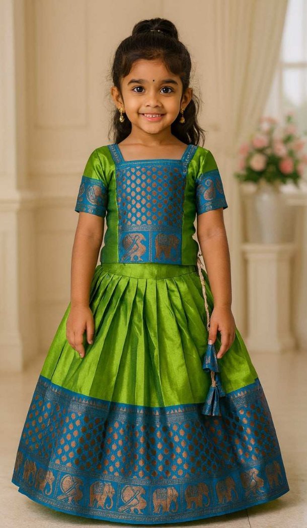Girls Green & Blue Lichi Silk Lehenga Choli – FH214048