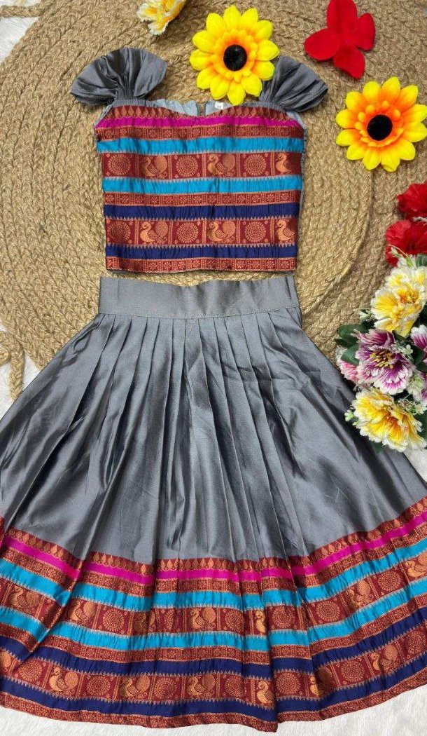 Girls Grey Lichi Silk Lehenga Choli – FH214049