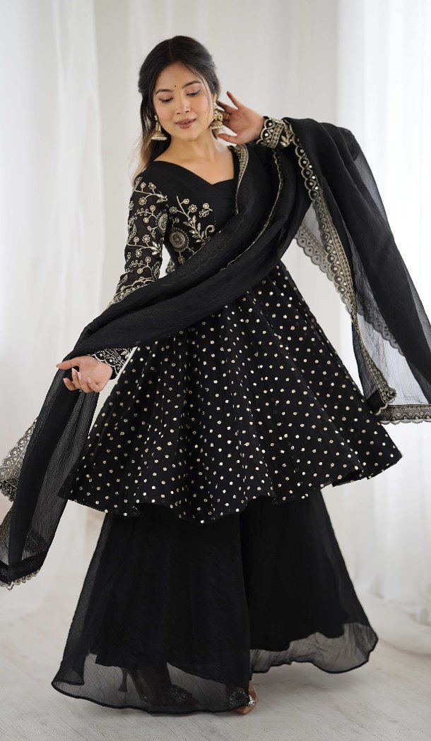 Black Crunchy Silk Festive Sharara Suit – FH214075