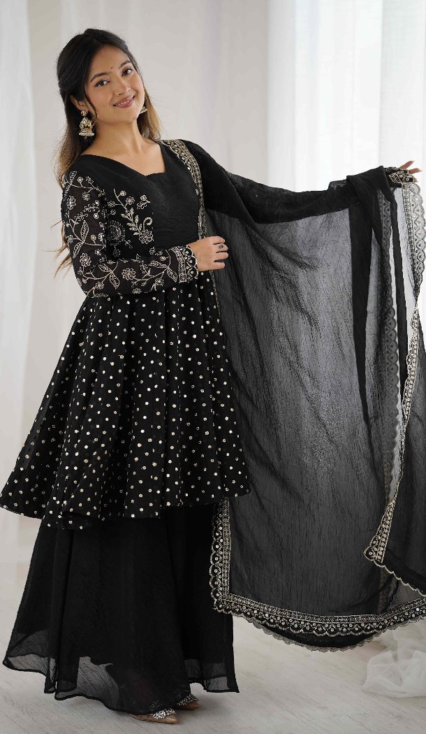 Black Crunchy Silk Festive Sharara Suit – FH214075