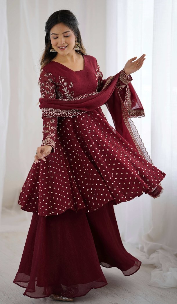 Maroon Crunchy Silk Eid Sharara Suit – FH214076