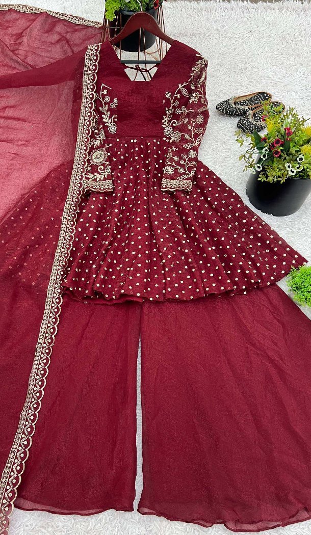 Maroon Crunchy Silk Eid Sharara Suit – FH214076