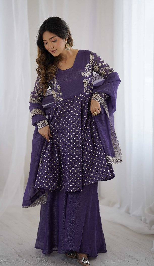 Purple Crunchy Silk Festive Sharara Suit – FH214077
