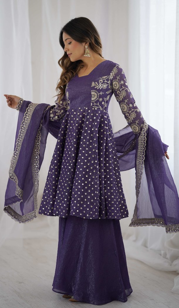 Purple Crunchy Silk Festive Sharara Suit – FH214077