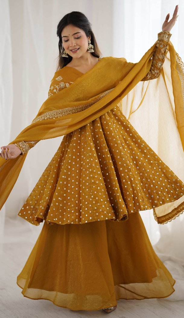 Yellow Crunchy Silk Festive Sharara Suit – FH214079