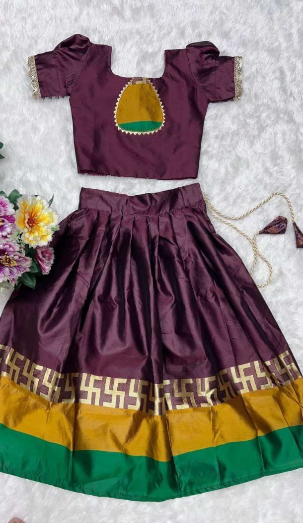 Dark Burgundy Lichi Silk Kids Lehenga Choli – FH214088