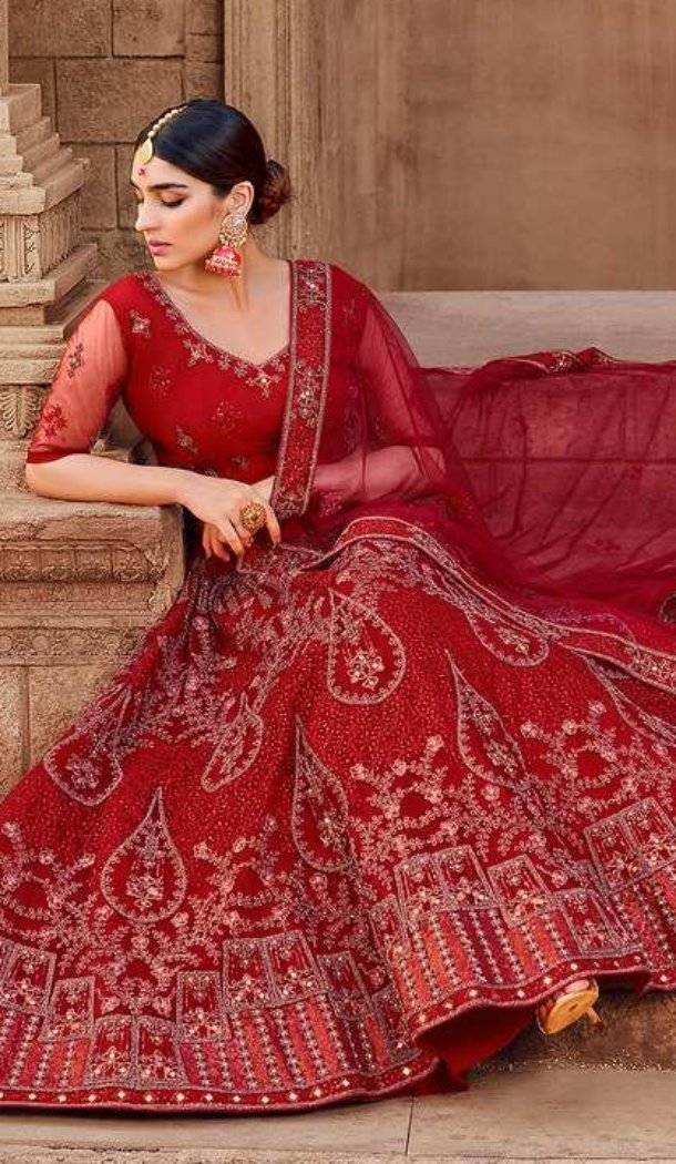 Red Soft Net Lehenga Choli with Zari Mirror Work – FH214176