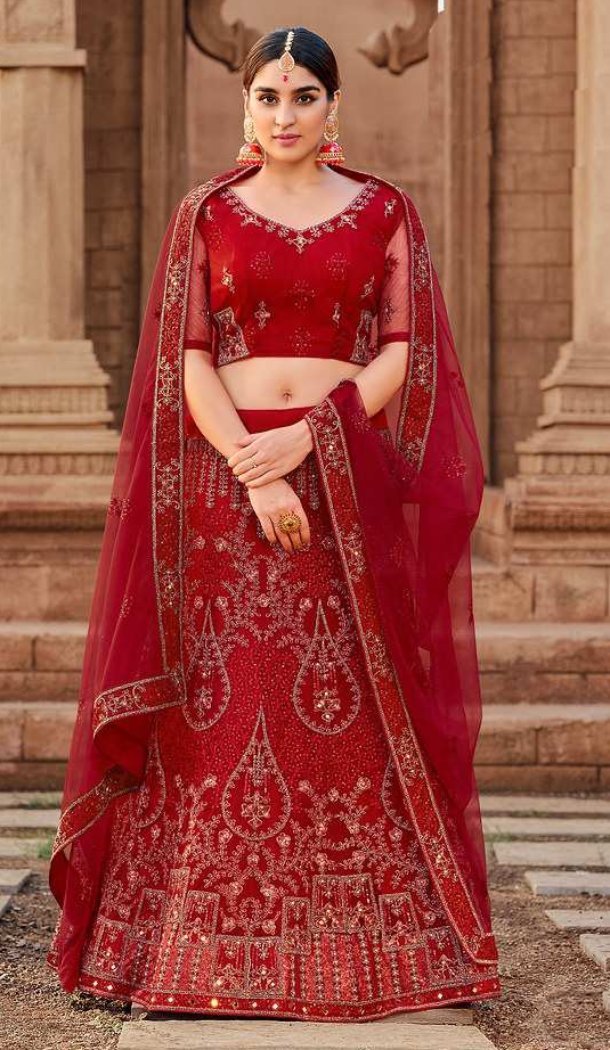 Red Soft Net Lehenga Choli with Zari Mirror Work – FH214176