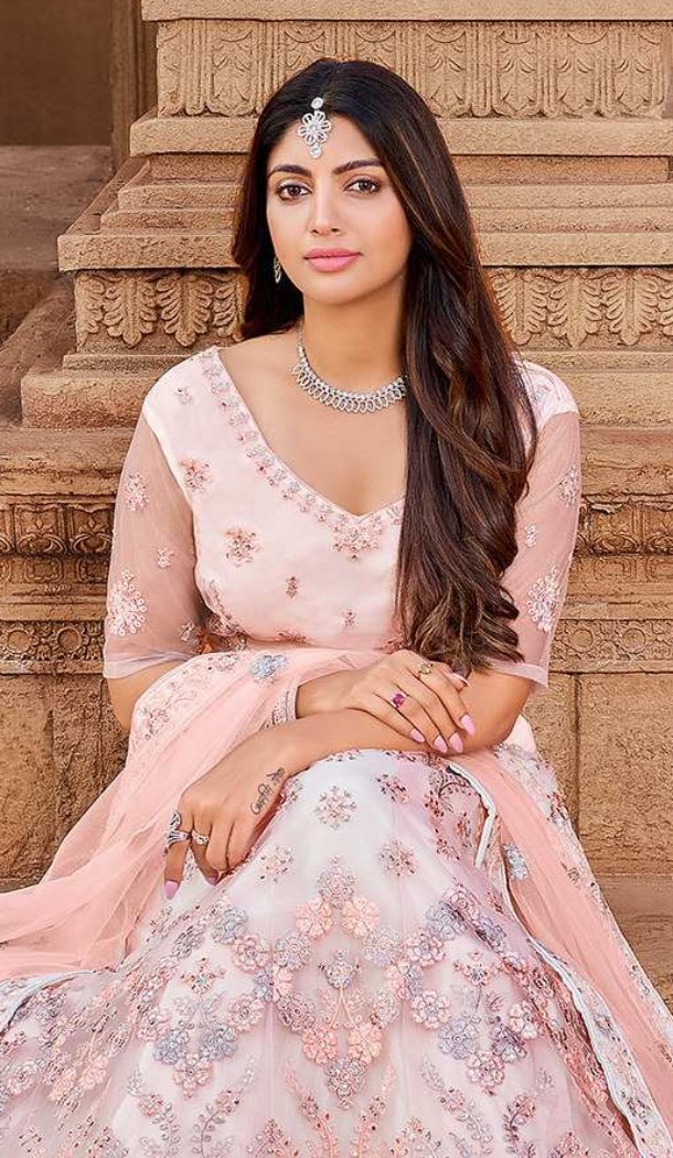 Light Pink Soft Net Lehenga Choli with Zari Mirror – FH214177