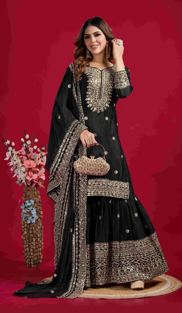 Black Chinnon Silk Sharara Suit with Elegant Embroidery – 214424