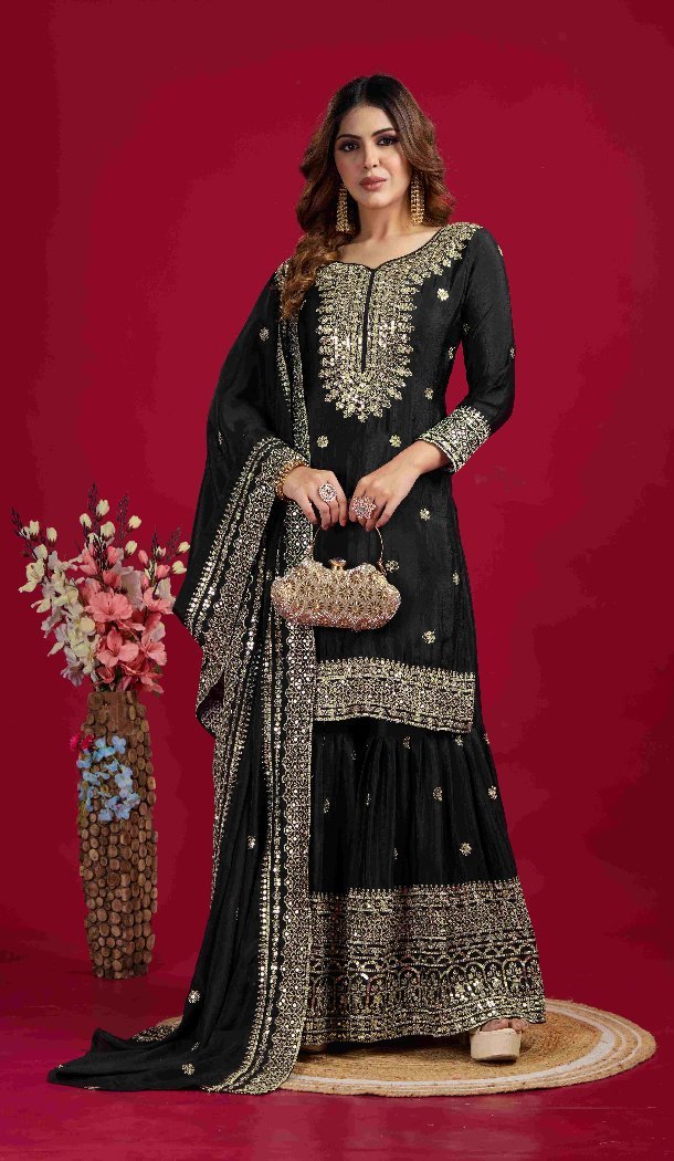 Black Chinnon Silk Sharara Suit with Elegant Embroidery – 214424