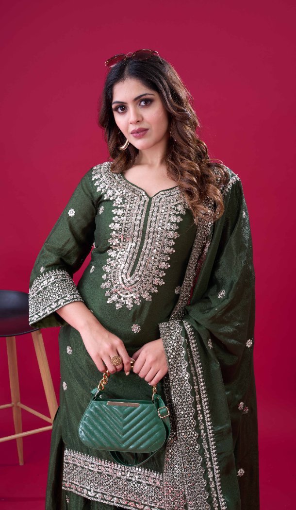 Green Chinnon Silk Designer Sharara Suit with Heavy Work – 214425