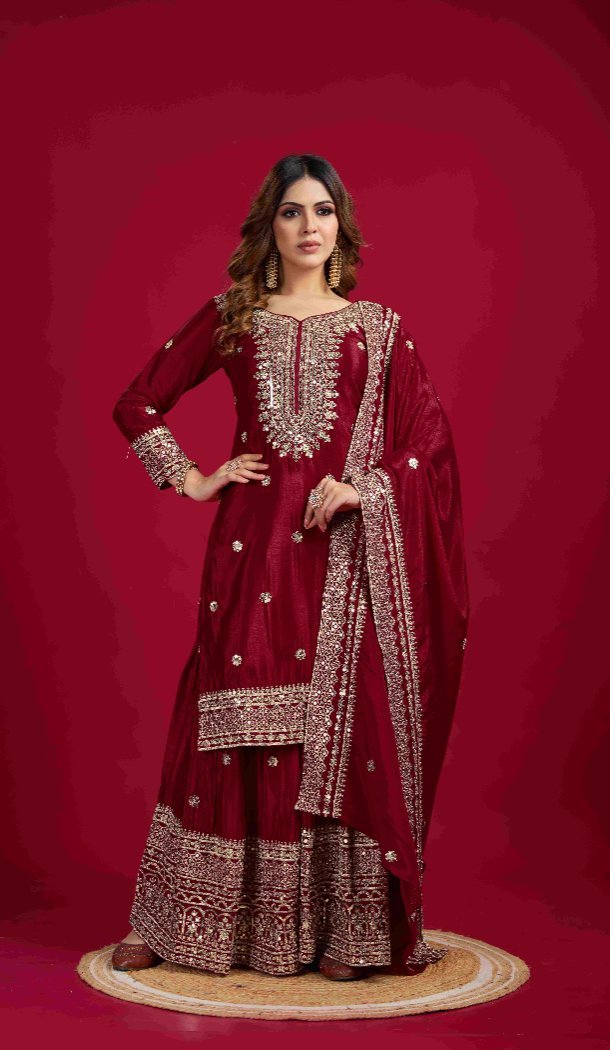 Maroon Heavy Embroidered Chinnon Silk Sharara Suit – 214426