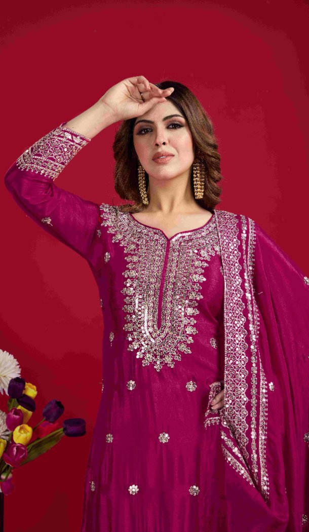 Pink Chinnon Silk Sharara Suit with Rich Embroidery – 214427
