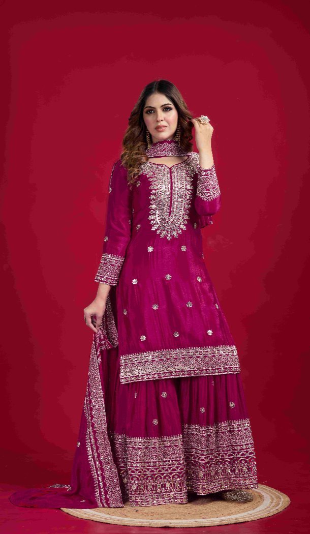 Pink Chinnon Silk Sharara Suit with Rich Embroidery – 214427