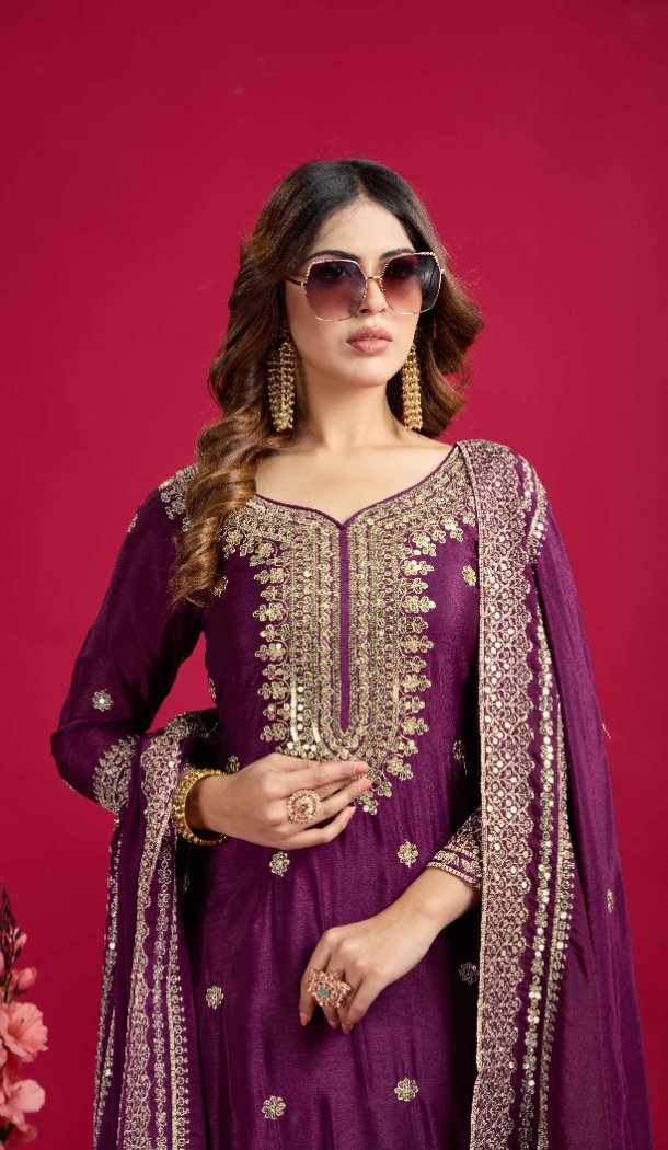 Purple Designer Sharara Suit in Chinnon Silk with Heavy Work – 214428