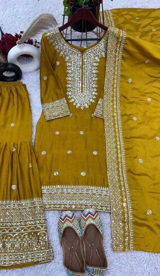 Yellow Festive Chinnon Silk Sharara Suit with Embroidery – 214429
