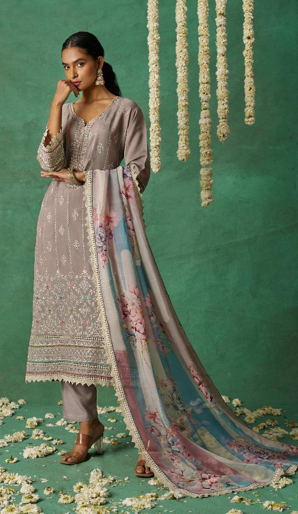 Embroidered Lavender Organza Suit – 214538