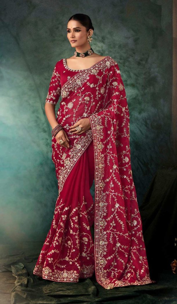 Dark Pink Georgette Embroidered Saree – 214544