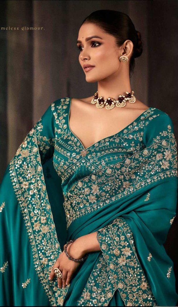 Teal Blue Georgette Embroidery Designer Saree – 214545